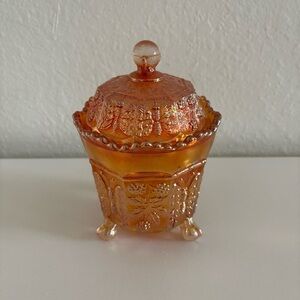 Antique Fenton Carnival Marigold Glass Lidded Candy Dish